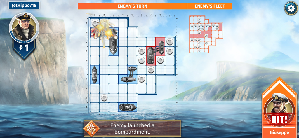A gameplay screenshot of the BATTLESHIP mobile app showing an enemy bombardment and commander abilities during a naval combat match.