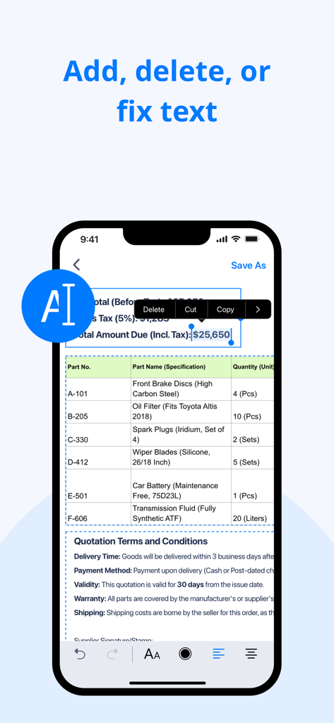 PDF Reader - Editor & Viewer - KDAN PDF app interface showing a user editing text and numbers on a digital invoice document from an iPhone.