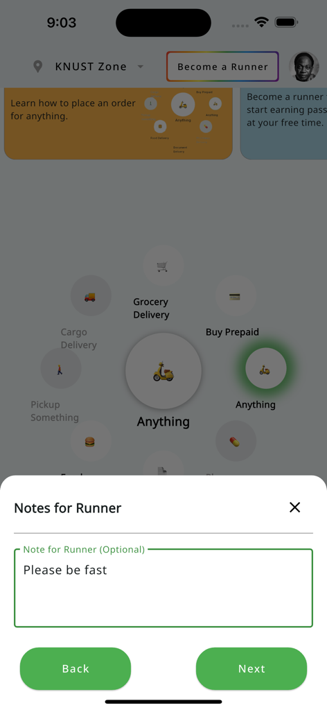 Errand-Earn - Errand-Earn App-Bildschirm mit Optionen für den Lieferservice und einem Popup zum Eingeben von Notizen für den Fahrer