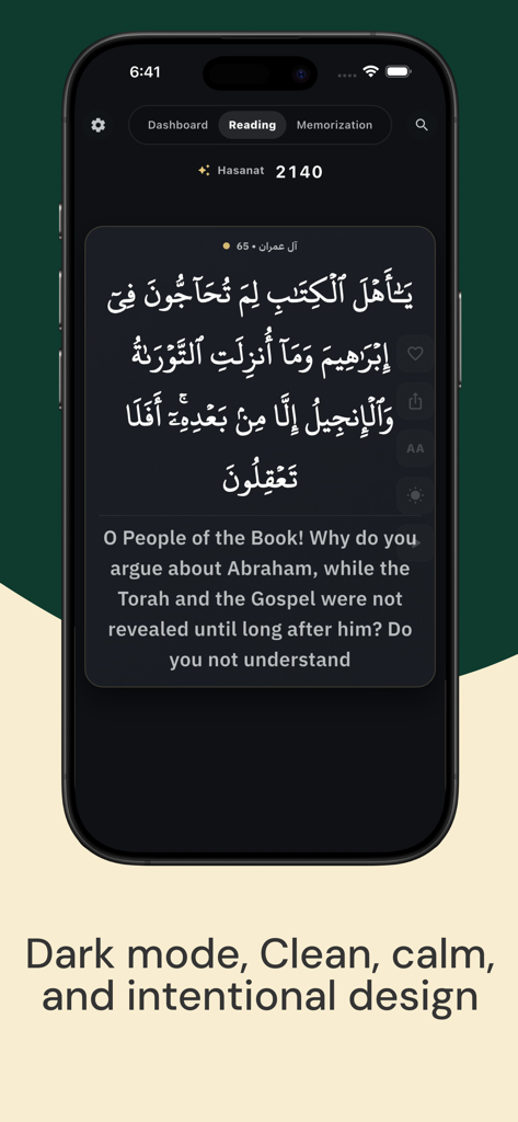 Iqraa Quran app reading interface in dark mode featuring an ayah with English translation.
