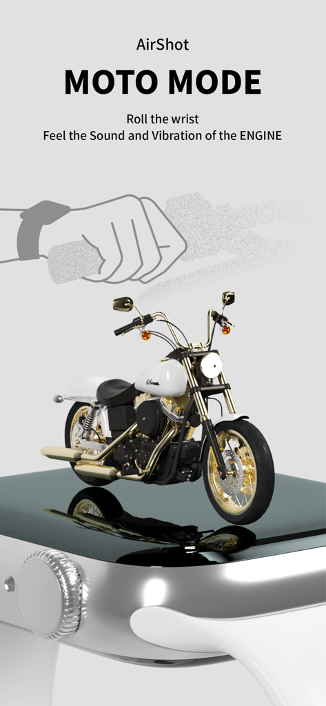 AirBasketball - AuditoryAR - Apple Watch mostrando la función Moto Mode con una motocicleta virtual y simulación de sonido del motor a través del movimiento de la muñeca