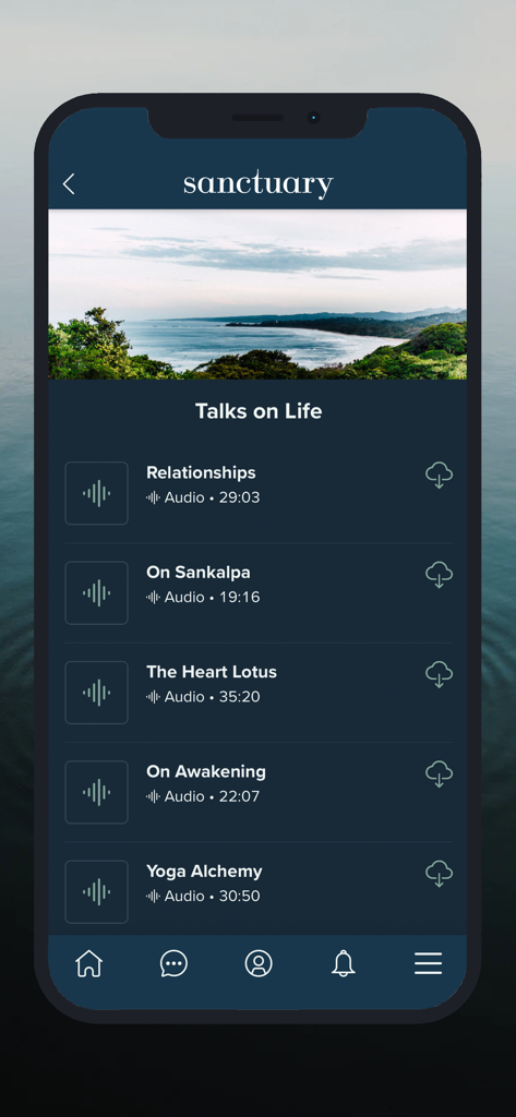 Sanctuary 앱 인터페이스는 '인생에 대한 강연'이라는 제목의 오디오 강의 목록을 보여줍니다.