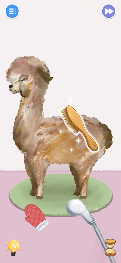 A screenshot of Housify Cleaning ASMR showing a dirty alpaca being brushed clean with a wooden brush.