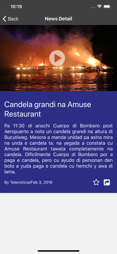 Telearuba mobile app displaying a local news article in Papiamento with a video thumbnail