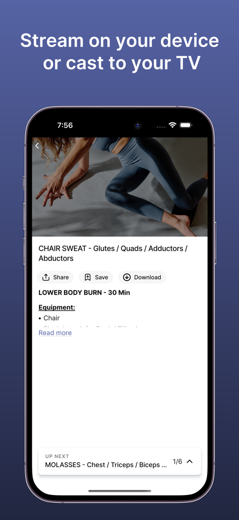 The Loa Movement app showing a lower body workout video page with a casting feature