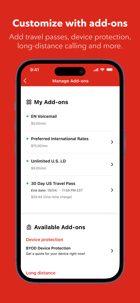 Interfaccia dell'app MyRogers che mostra la schermata Gestisci componenti aggiuntivi con opzioni per pass per viaggiare e chiamate internazionali