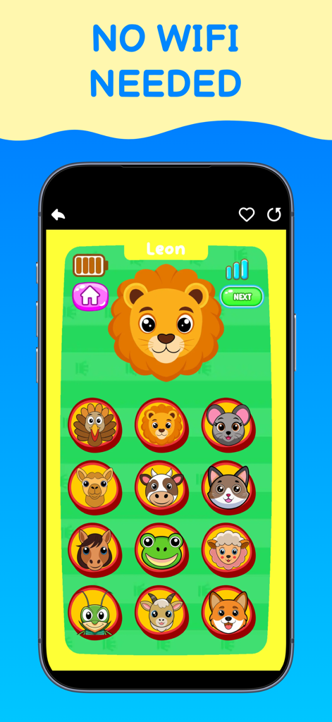 Kid Games - No Wifi - Una colorida pantalla de una aplicación móvil que muestra una cuadrícula de animales de dibujos animados, incluyendo un león y una vaca, para un juego infantil sin conexión.