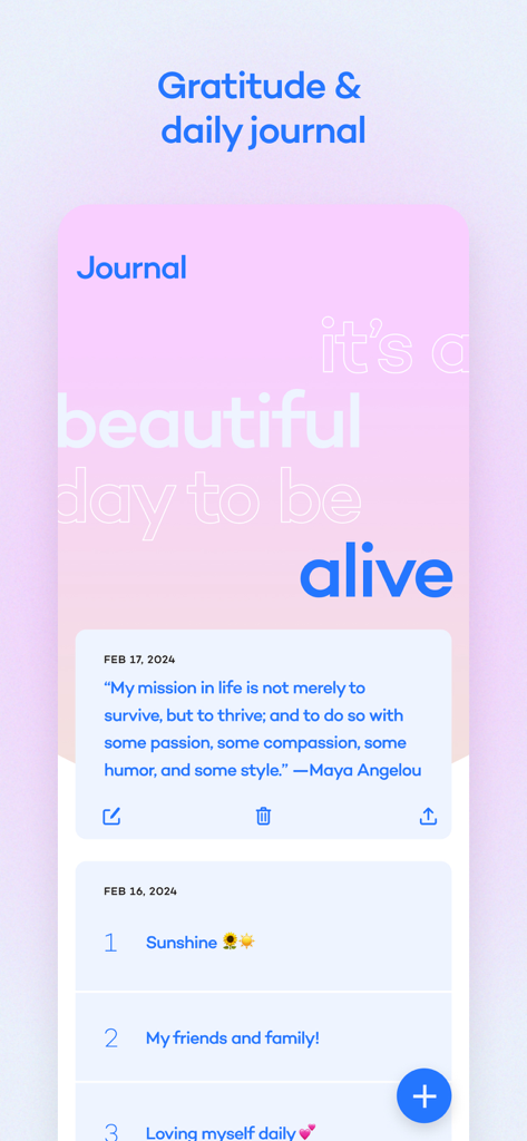 Gratitude and daily journal feature in the Alive by Whitney Simmons app