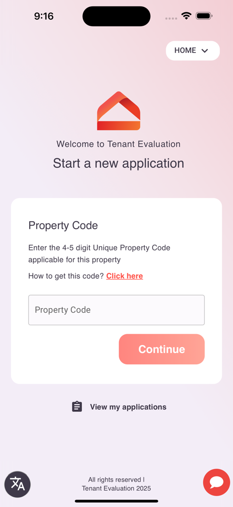 부동산 코드 입력 필드가 있는 새로운 임대 신청 시작을 보여주는 TenantEv 모바일 앱 화면
