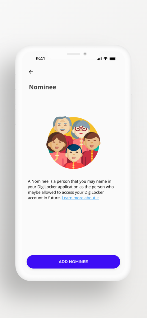 DigiLocker 앱 화면, 가족 그림과 후보자 추가 버튼이 있는 후보자 기능 표시