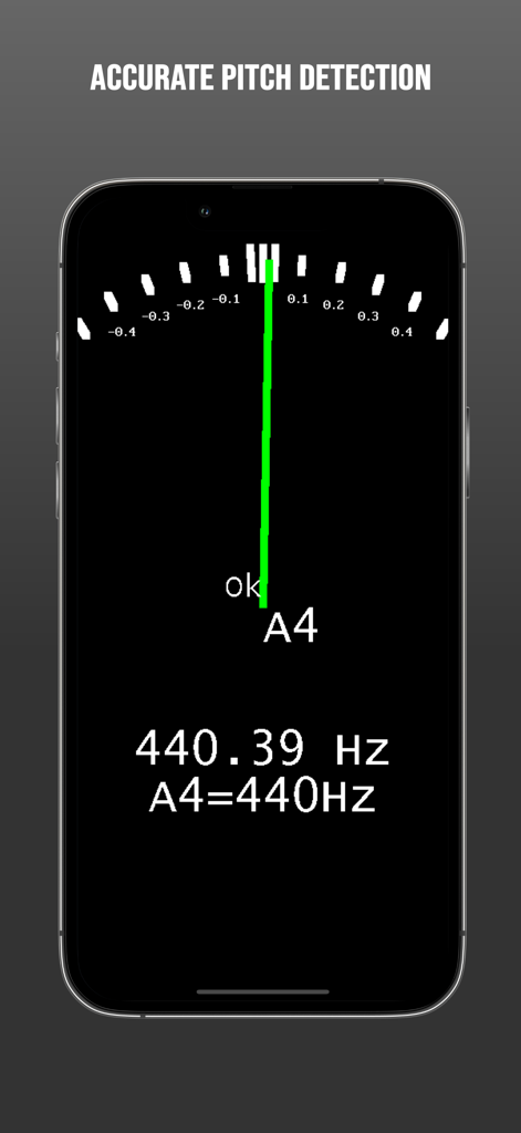 Guitar Tuner Light app interface showing an accurate analog style needle meter for pitch detection