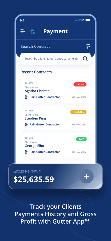 Gutter App payment dashboard showing a list of recent contracts and gross revenue tracking for contractors