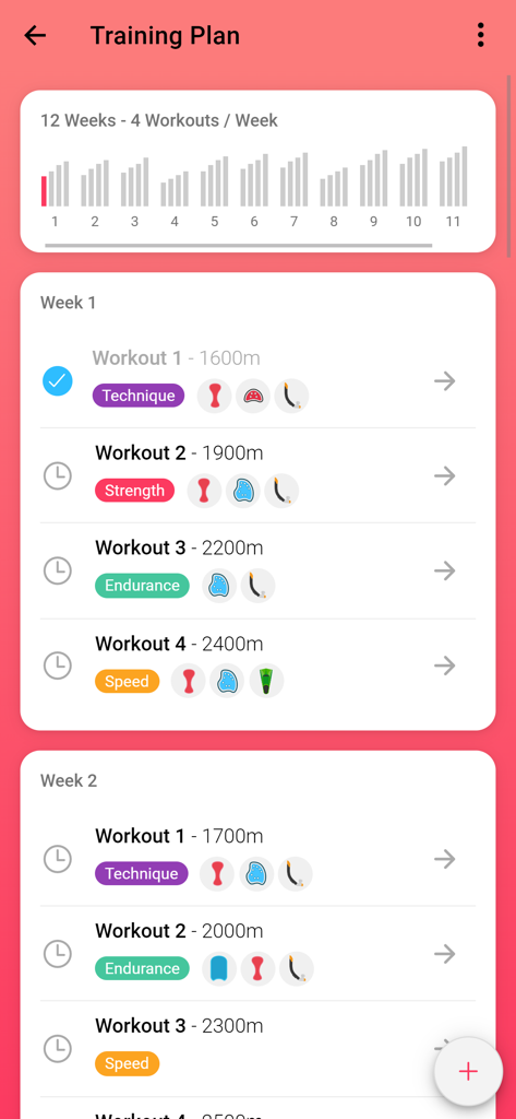 A 12 week swimming training plan schedule in the Swim Coach app showing weekly workouts for endurance and speed