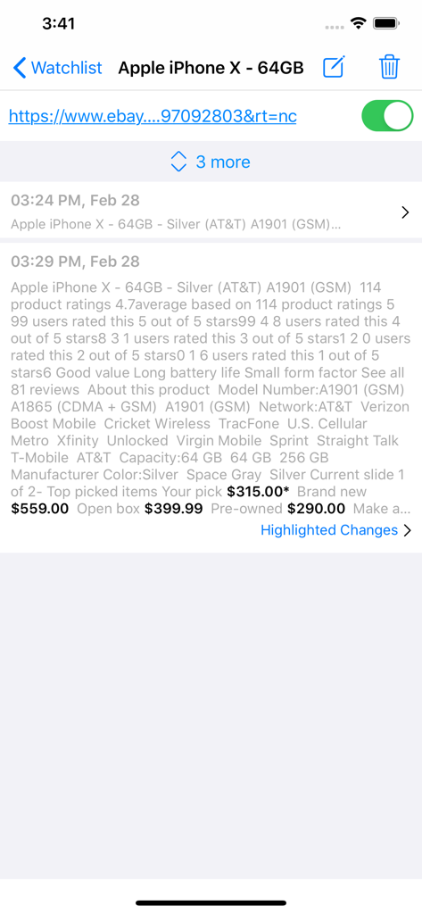 Distill Web Monitor app screen showing historical price changes and stock status for an iPhone on eBay