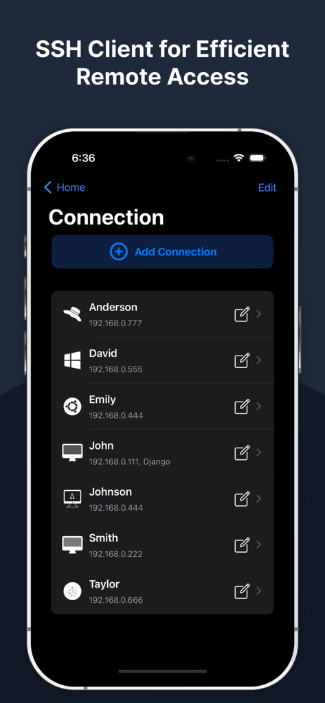 Terminux: SSH Client - Terminux SSH Client app interface showing a list of saved remote server connections on an iPhone