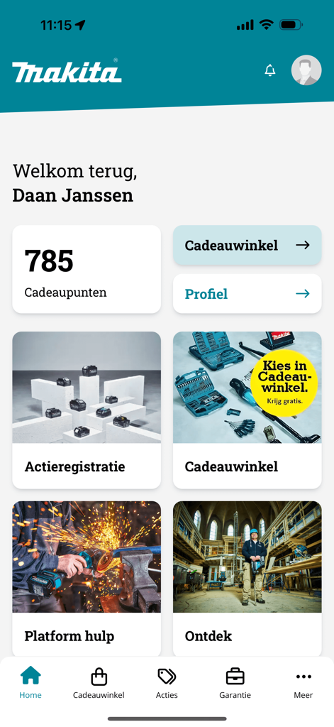 Dashboard of the My Makita mobile app showing reward points and navigation for professional tool management