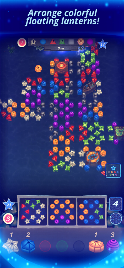 Lanterns: The Harvest Festival - Gameplay screenshot of Lanterns The Harvest Festival showing colorful lanterns arranged on a ceremonial lake
