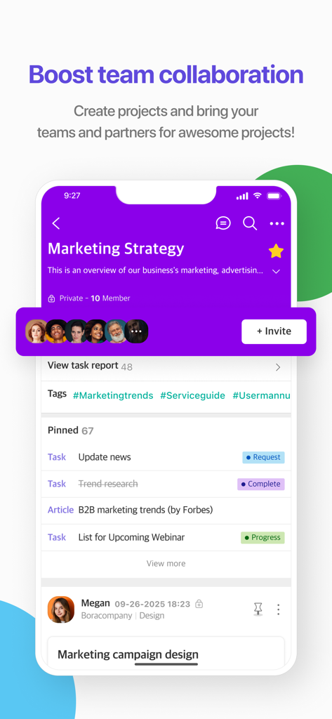 Interface móvel do aplicativo Flow mostrando um projeto de estratégia de marketing com tarefas e membros da equipe