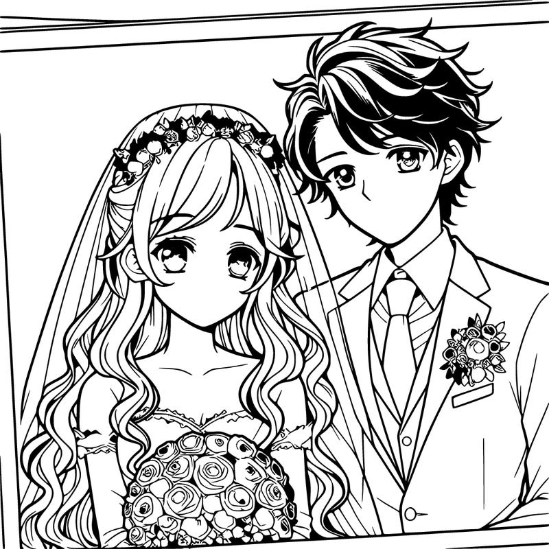 a couple is getting married she has long hair he short and curly in anime style with eyes and wedding clothes