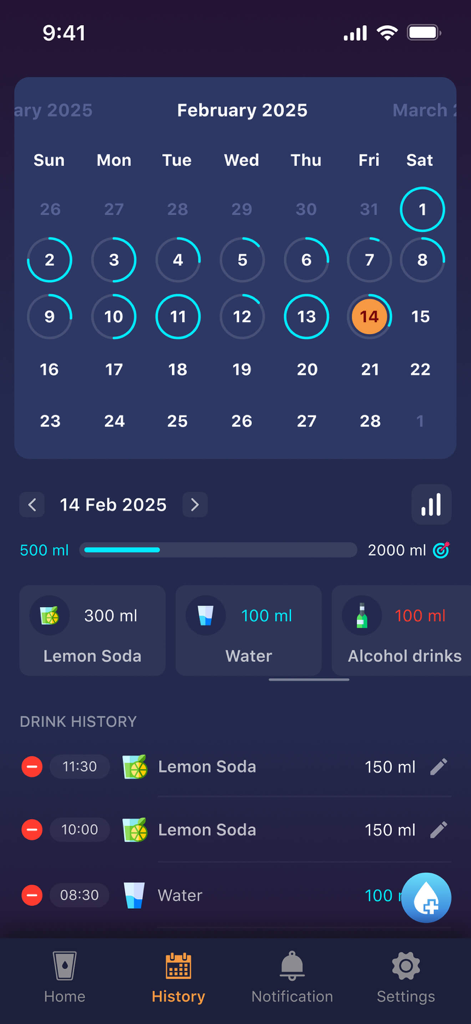 A hydration history screen showing a monthly calendar and a detailed list of daily beverages tracked