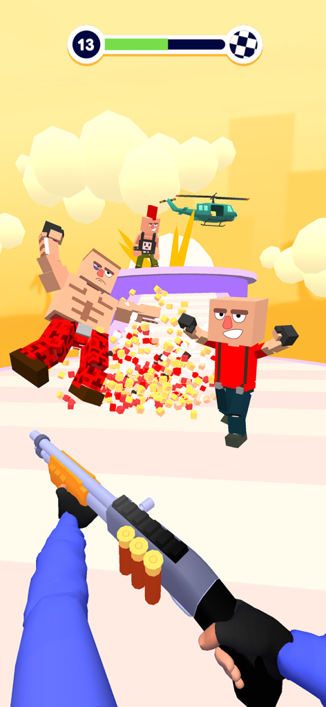 First-person perspective of a shotgun firing at voxel enemies who are exploding into pixel blocks in a 3D city setting.