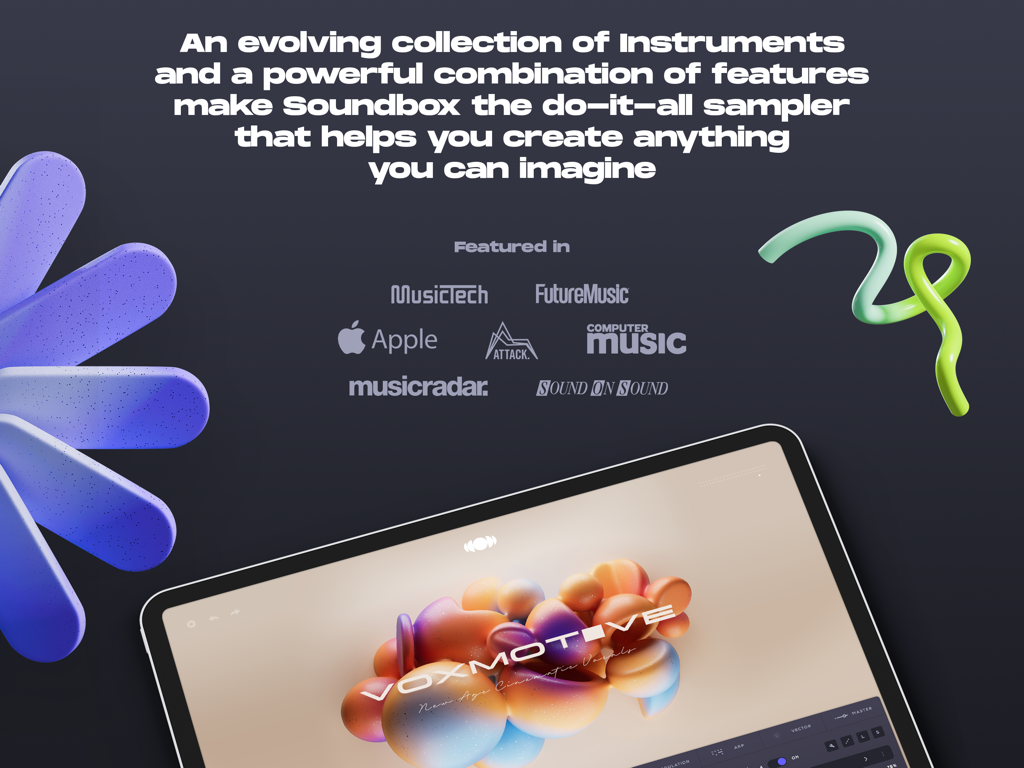 Soundbox - Instrument Platform - Promotional graphic for Soundbox sampler app for iPad showing press features and the instrument interface on a tablet