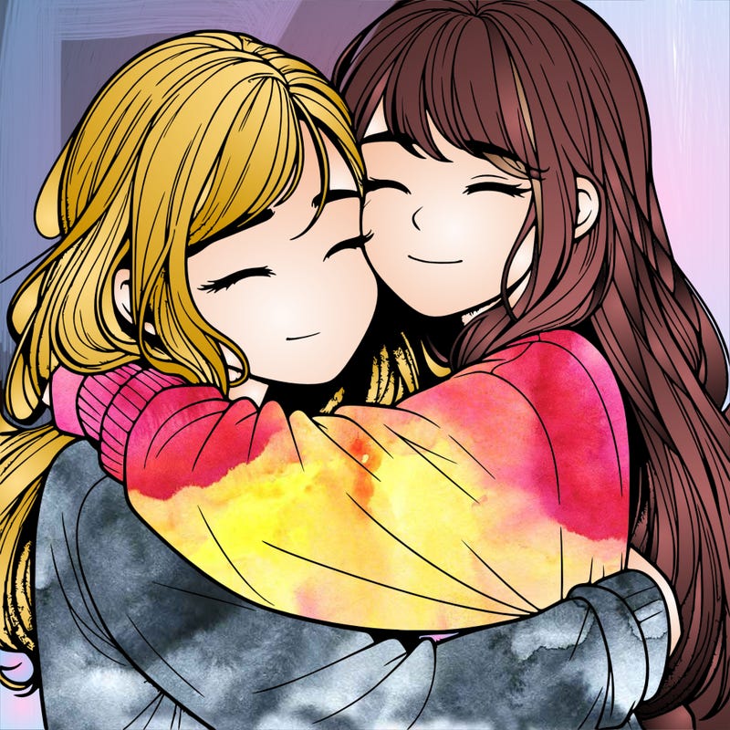 realistic two girls hugging