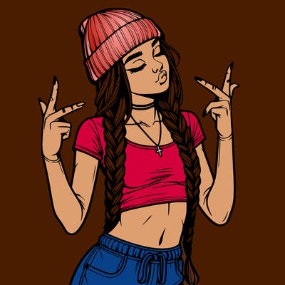 realistic teenage girl with braids and a beanie and crop top doing 🫶🏼