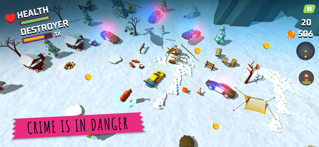 Police Pursuit: Cop Games 2025 - A yellow car evading multiple police vehicles and a helicopter in a snowy winter landscape.