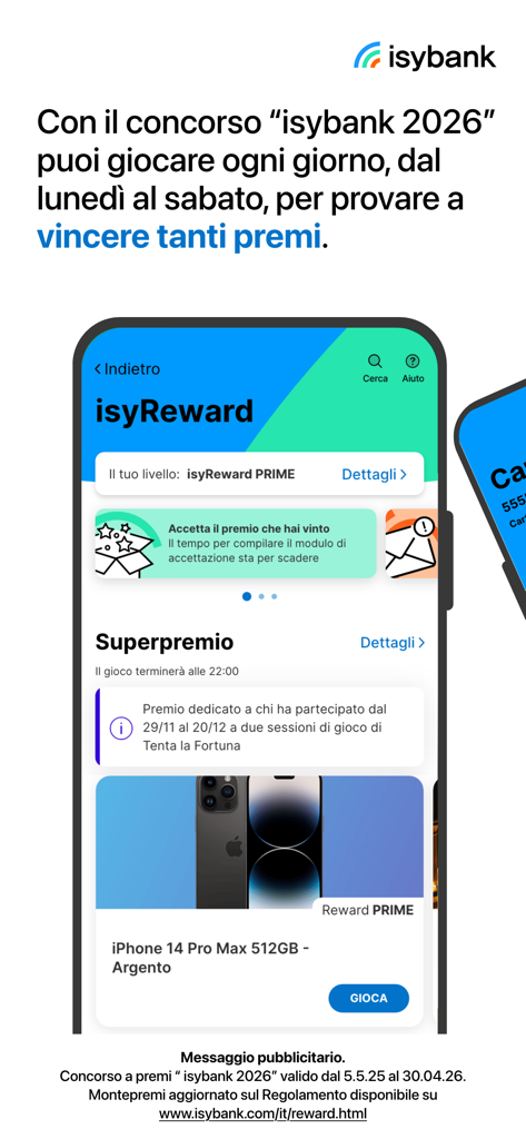 Smartphone screen showing the isyReward loyalty program and contest details within the isybank app