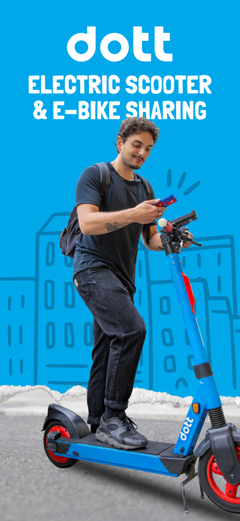 Young man using a smartphone to unlock a blue Dott electric scooter