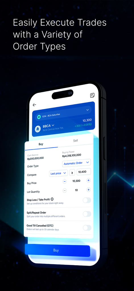 BCA Sekuritas mobile - A mobile phone screen displaying the BCA Sekuritas app buy order interface with various trading options for Indonesian stocks