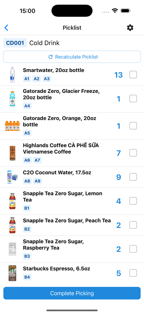 VendSoft: Vending Management - VendSoft app picklist screen displaying beverage inventory and quantities for a vending route