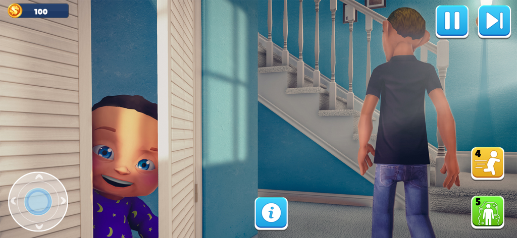 Hide And Seek: Find Daddy Game - A mischievous baby peeking out from behind a door while playing hide and seek with daddy.