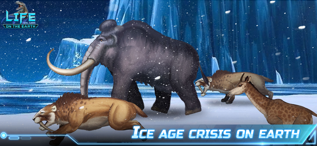 Prehistoric animals including a mammoth and saber-toothed cats in a snowy ice age setting