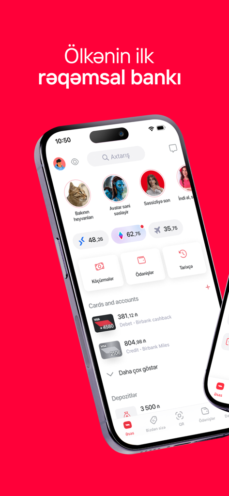 Birbank mobile app home screen showing account balances and financial services