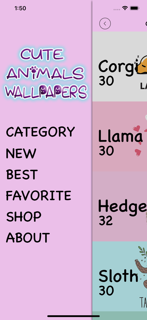 Cute Animals Wallpapers - Main menu and animal categories list in the Cute Animals Wallpapers app