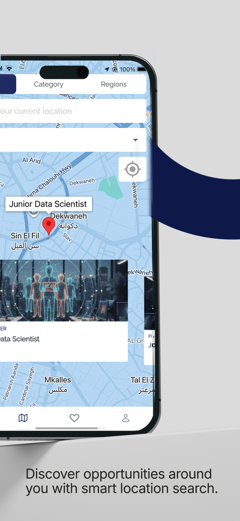 Job Me Now - Find your job - Job Me Now app showing a map with a job pin for a Junior Data Scientist position