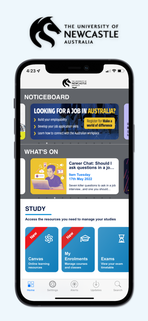 myUni University of Newcastle - myUni University of Newcastle app home screen featuring noticeboard career events and study resources like Canvas and Enrolments