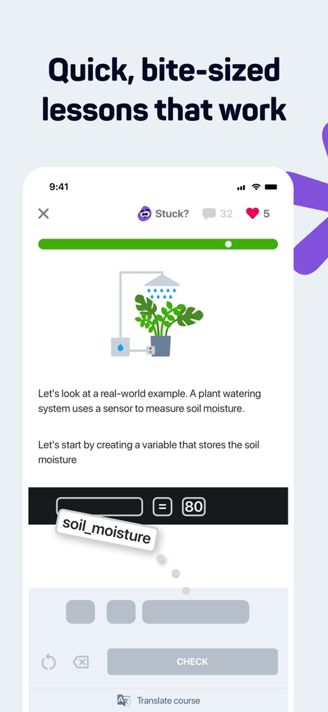 Sololearn app screen showing a bite-sized interactive coding lesson about a plant watering system.