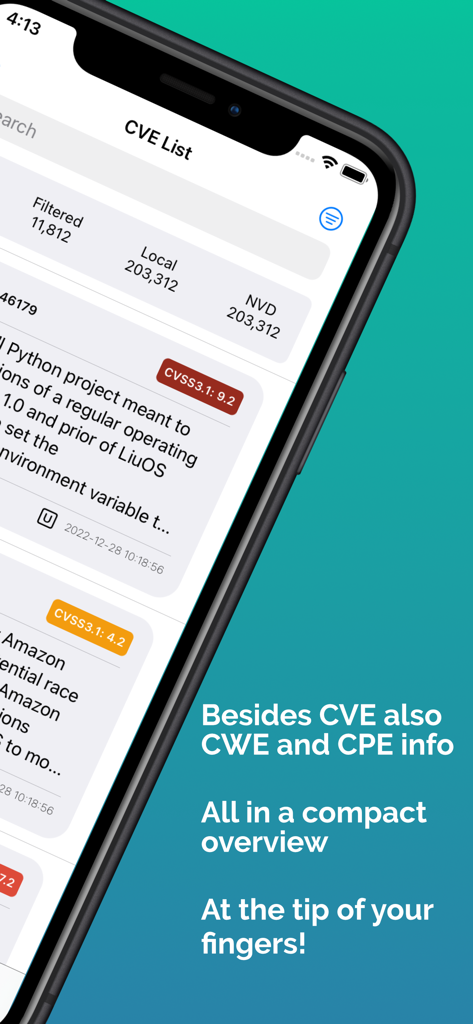 V-Check - V-Checkアプリのインターフェース。サイバーセキュリティの脆弱性とCVSSスコアのリストを表示しています。