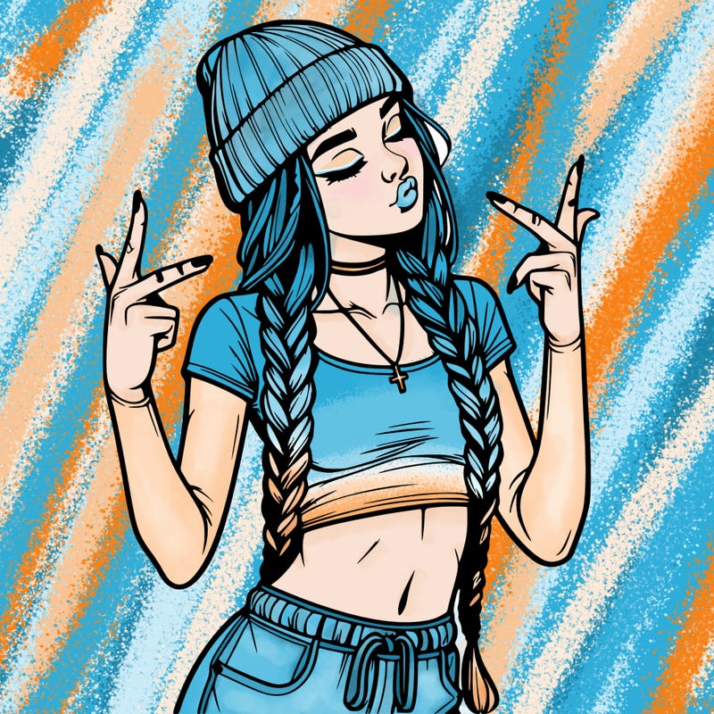 realistic teenage girl with braids and a beanie and crop top doing 🫶🏼