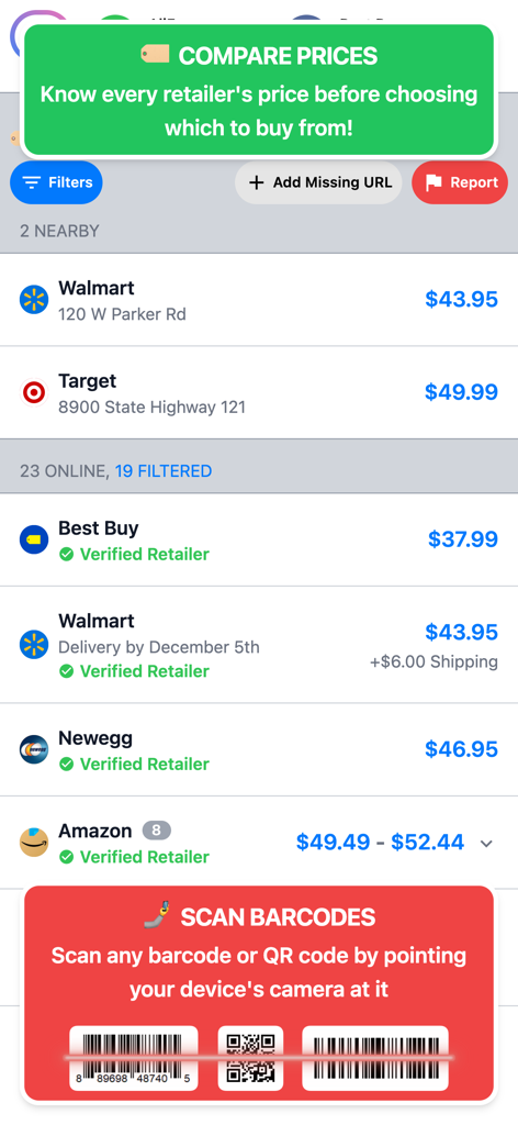 ShopSavvy app interface showing price comparisons from different retailers and a barcode scanning tool