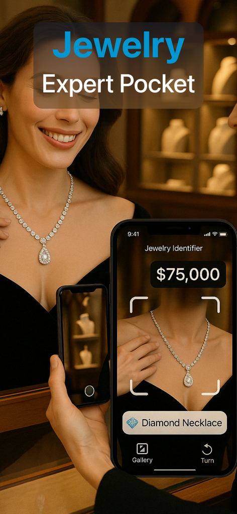 Jewelry Identifier - Aplicación de smartphone escaneando un collar de diamantes para proporcionar una estimación de precio instantánea