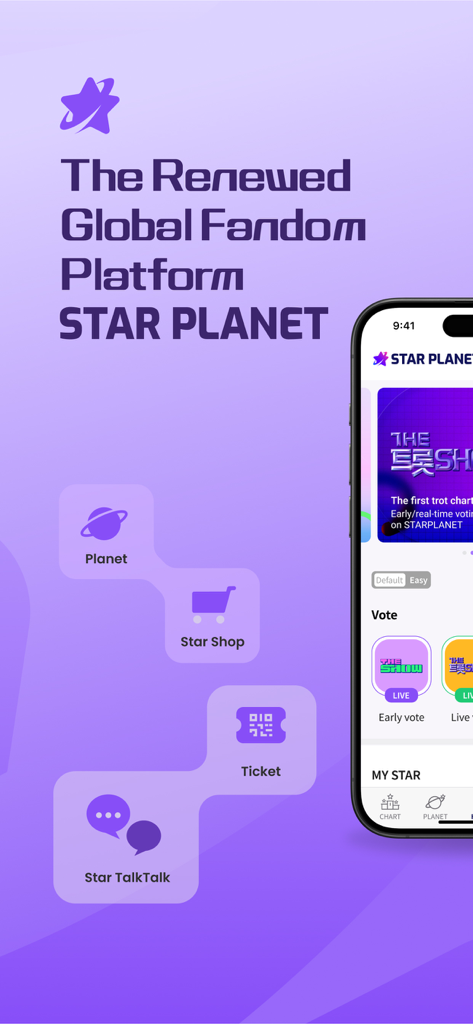 스타 플래닛: SBS M 더 쇼, 더 트롯쇼 투표 - STAR PLANET global fandom platform app interface showing features like Star Shop and voting for K-Pop shows