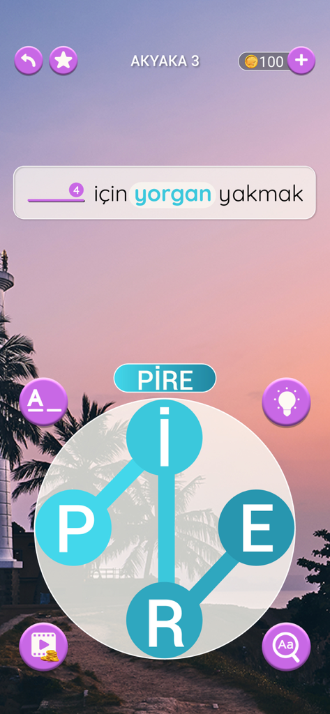 속담을 완성하는 것을 보여주는 아름다운 배경의 터키어 단어 퍼즐 게임 화면