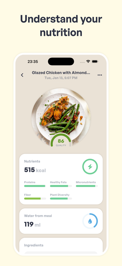 Miobi: AI Calorie Tracker - A screenshot of the Miobi app showing detailed AI nutritional analysis of a meal including calorie count and nutrient progress bars