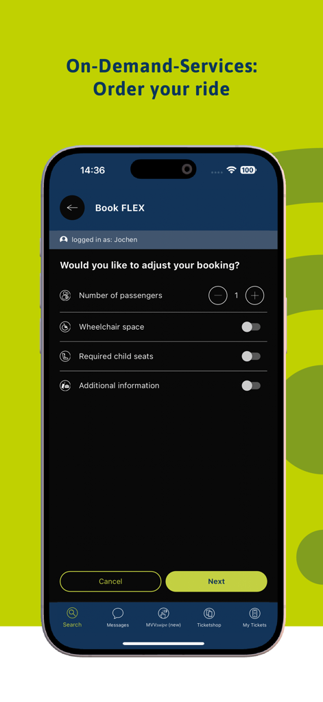 Pantalla de smartphone que muestra la interfaz de reserva de viajes FLEX bajo demanda en la MVV-App