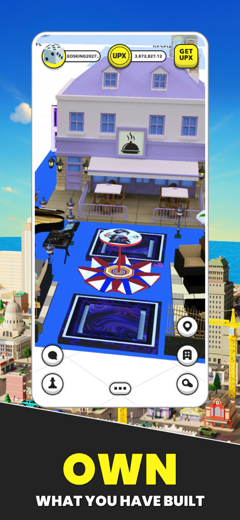 A purple building and outdoor terrace in the Upland mobile game with text saying own what you have built