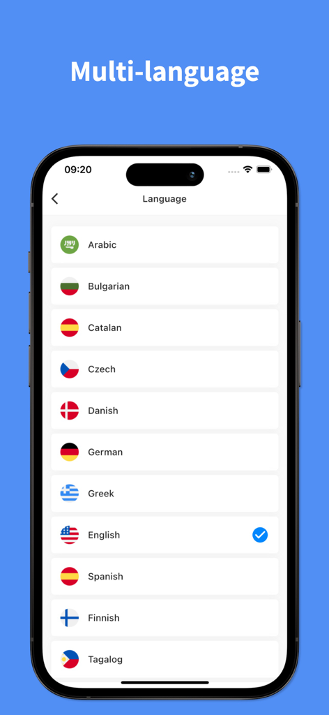Talk Translator : Voice, Photo - Un écran mobile affichant une liste de langues prises en charge avec leurs drapeaux nationaux dans l'interface de l'application Talk Translator.
